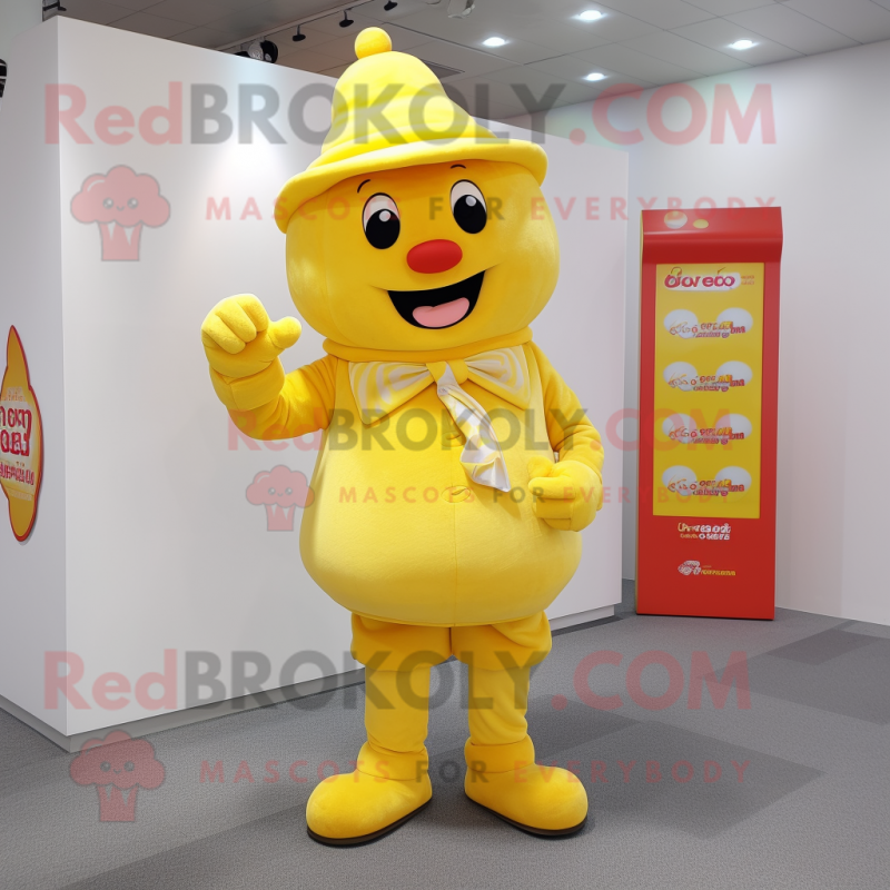 Yellow Candy mascot costume character dressed with a Playsuit and Hats