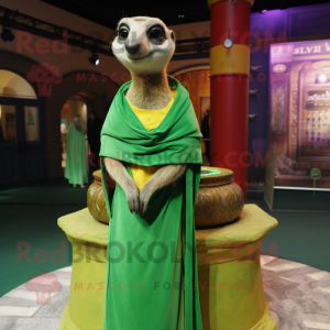 Green Meerkat mascot costume character dressed with a Wrap Skirt and Shawls