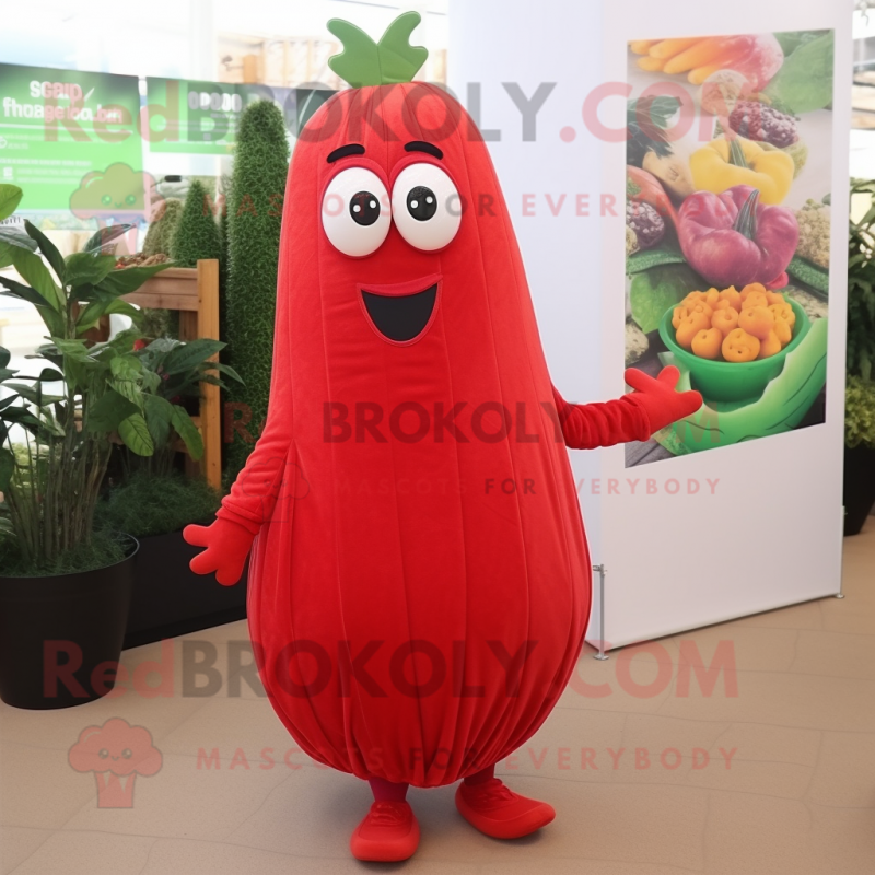 Red Cucumber mascot costume character dressed with a Maxi Dress and Headbands