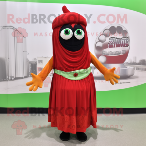 Red Cucumber mascot costume character dressed with a Maxi Dress and Headbands