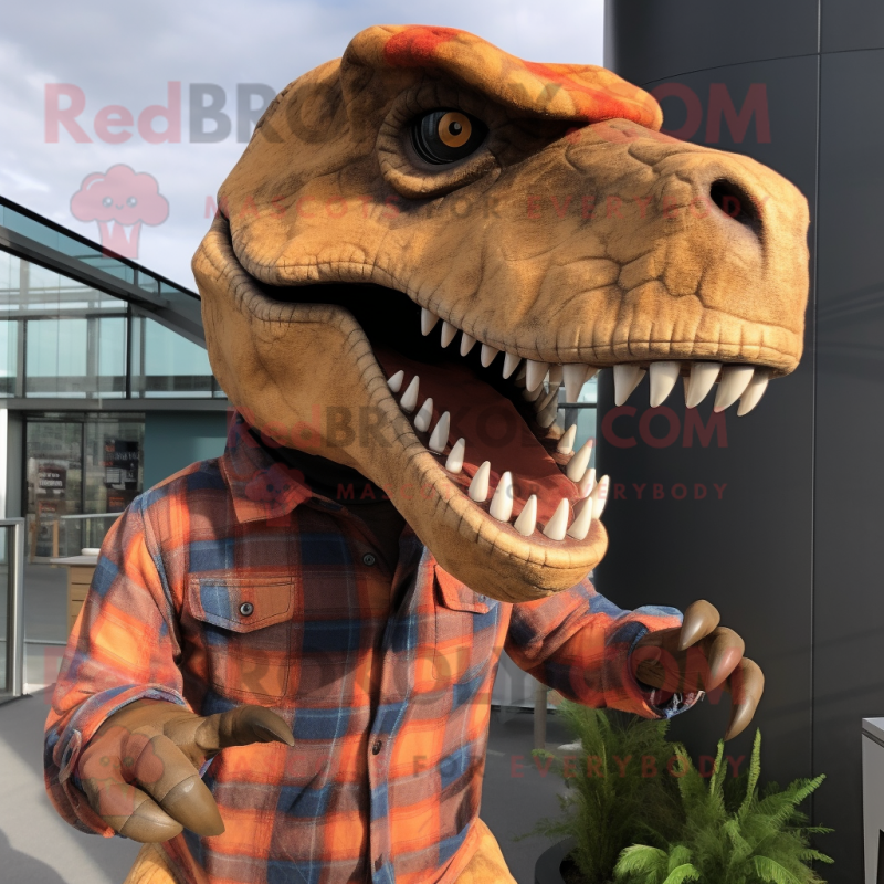 Rust T Rex mascot costume character dressed with a Flannel Shirt and ...