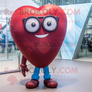 Maroon Heart Shaped Balloons mascot costume character dressed with a Boyfriend Jeans and Eyeglasses