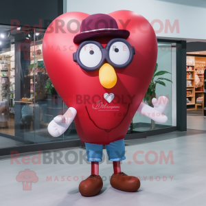 Maroon Heart Shaped Balloons mascot costume character dressed with a Boyfriend Jeans and Eyeglasses