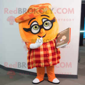 Orange Pizza Slice mascot costume character dressed with a Flannel Shirt and Reading glasses