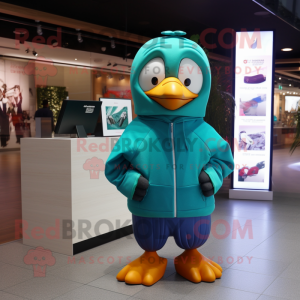 Teal Pigeon mascot costume character dressed with a Hoodie and Brooches