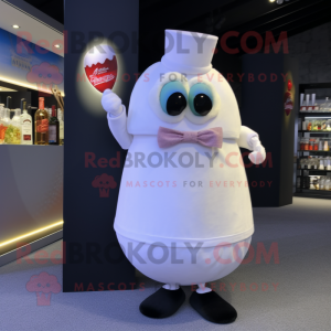 White Shakshuka mascot costume character dressed with a Cocktail Dress and Bow ties