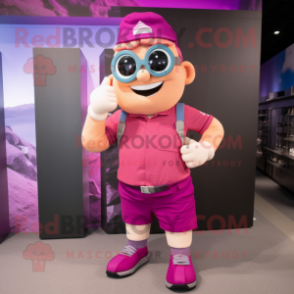 Magenta Strongman mascot costume character dressed with a Cargo Shorts and Eyeglasses