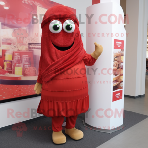 Red Falafel mascot costume character dressed with a Pencil Skirt and Shoe laces