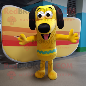 Yellow Hot Dogs mascot costume character dressed with a Board Shorts and Bow ties