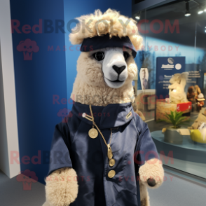 Navy Alpaca mascot costume character dressed with a Raincoat and Wraps