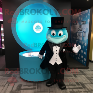 Cyan Candy Box mascot costume character dressed with a Tuxedo and Coin purses