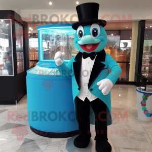Cyan Candy Box mascot costume character dressed with a Tuxedo and Coin purses