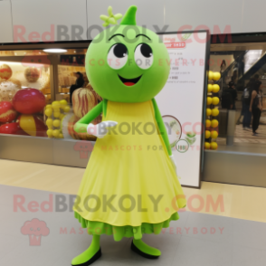 Olive Miso Soup mascot costume character dressed with a Ball Gown and Shoe laces
