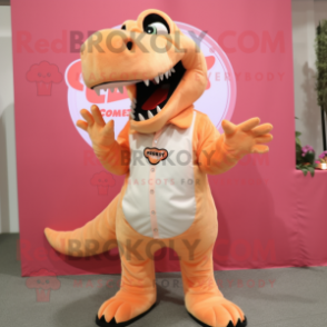 Peach T Rex mascot costume character dressed with a Chinos and Hair clips