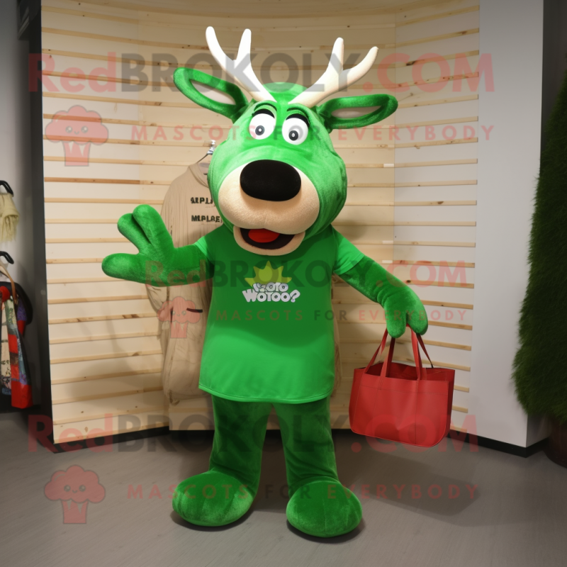 Green Moose mascot costume character dressed with a Jumpsuit and Tote bags