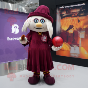 Maroon Witch mascot costume character dressed with a Rugby Shirt and Coin purses