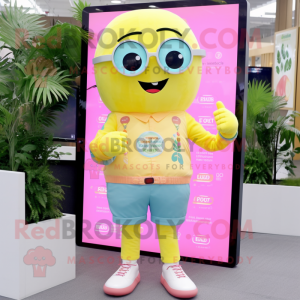 Lemon Yellow Pink mascot costume character dressed with a Chambray Shirt and Digital watches