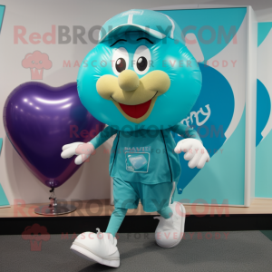 Teal Heart Shaped Balloons mascot costume character dressed with a Running Shorts and Caps