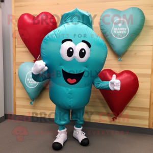 Teal Heart Shaped Balloons mascot costume character dressed with a Running Shorts and Caps