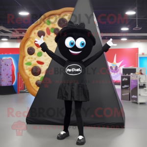 Black Pizza Slice mascot costume character dressed with a Yoga Pants and Hair clips
