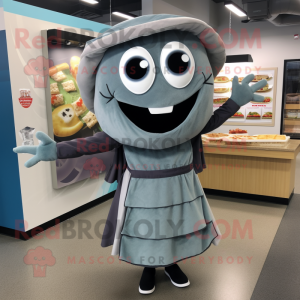 Gray Tacos mascot costume character dressed with a Wrap Dress and Cummerbunds