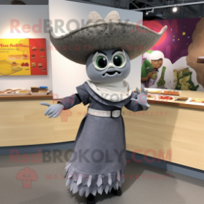 Gray Tacos mascot costume character dressed with a Wrap Dress and Cummerbunds
