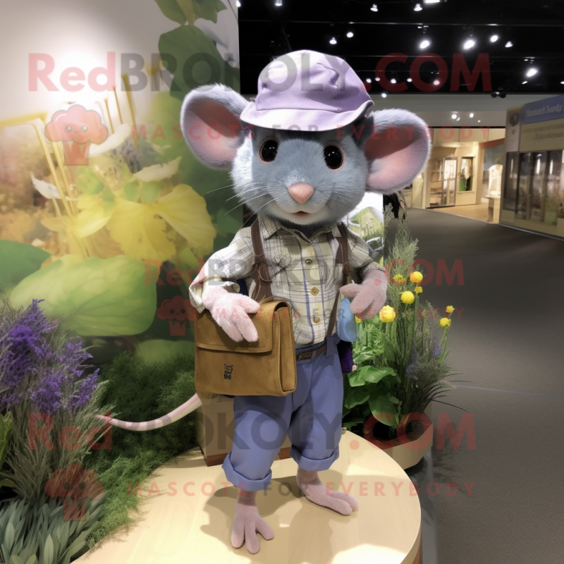 Lavender Dormouse mascot costume character dressed with a Chambray Shirt and Hats