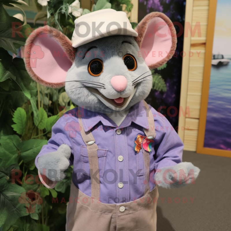 Lavender Dormouse mascot costume character dressed with a Chambray Shirt and Hats