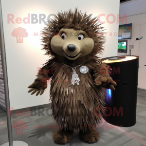 Brown Porcupine mascot costume character dressed with a Wrap Skirt and Ties