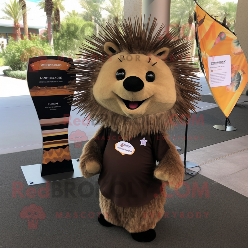 Brown Porcupine mascot costume character dressed with a Wrap Skirt and Ties