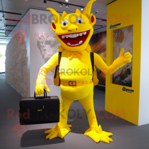 Yellow Devil mascot costume character dressed with a Trousers and Briefcases