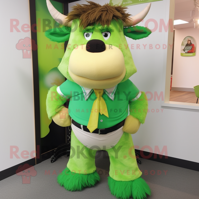 Lime Green Yak mascot costume character dressed with a Henley Shirt and Bow ties