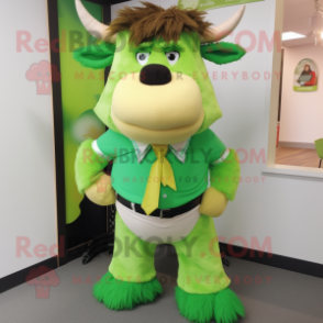 Lime Green Yak mascot costume character dressed with a Henley Shirt and Bow ties