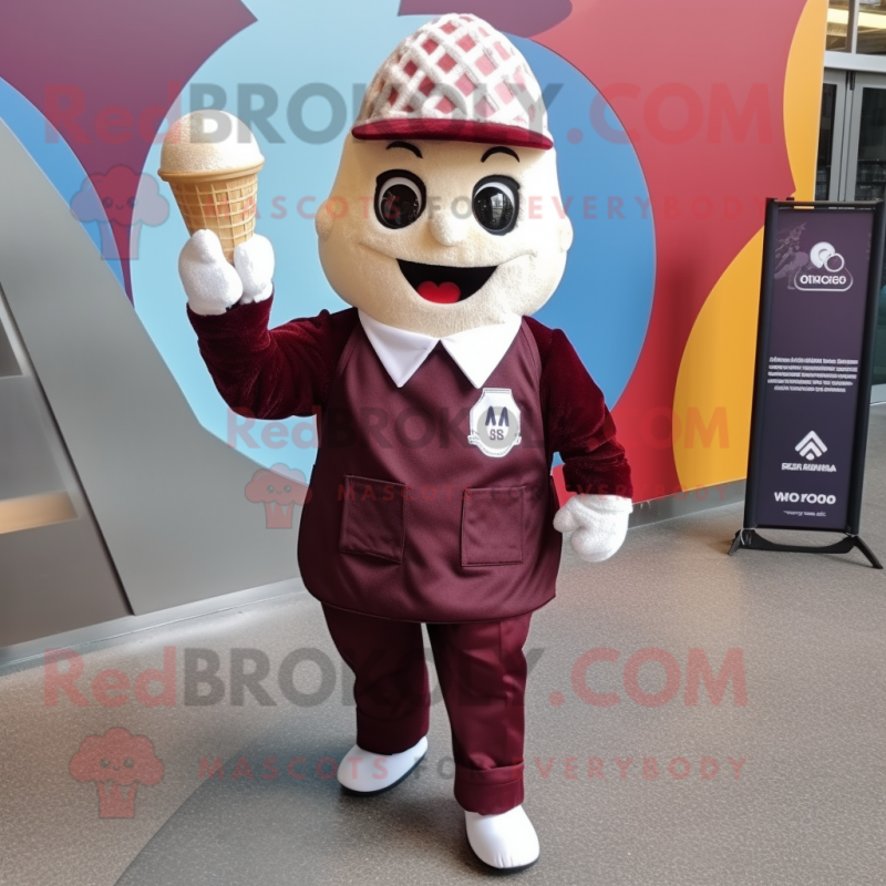 Maroon Ice Cream Cone mascot costume character dressed with a Overalls and Cummerbunds