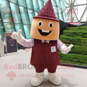 Maroon Ice Cream Cone mascot costume character dressed with a Overalls and Cummerbunds