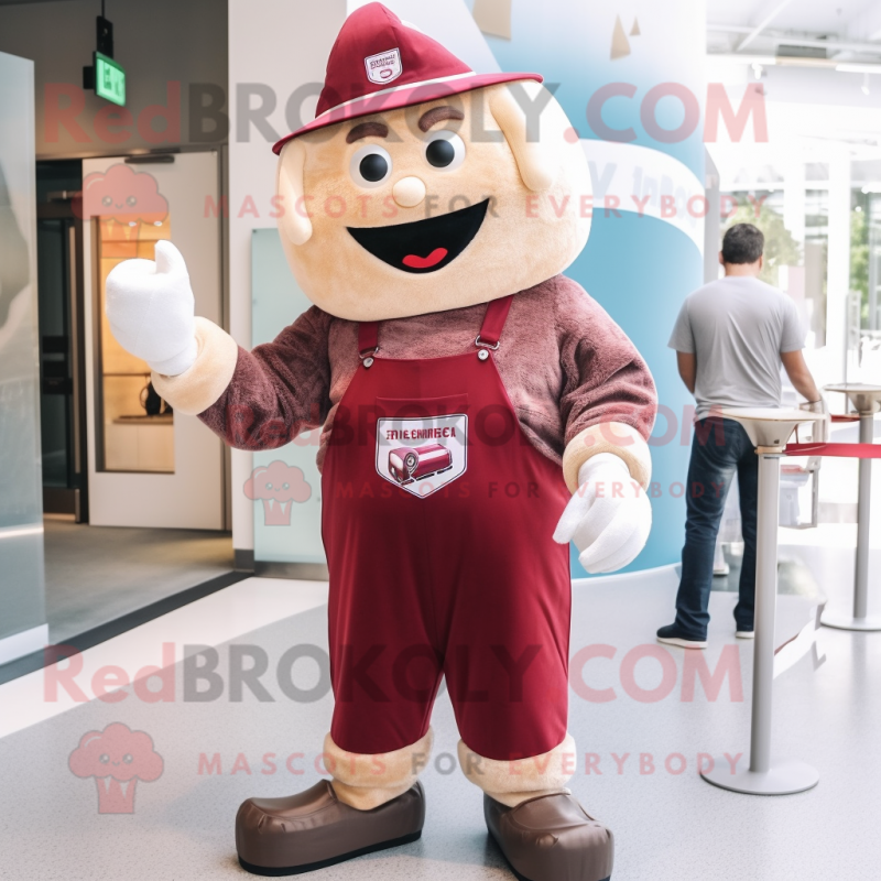 Maroon Ice Cream Cone mascot costume character dressed with a Overalls and Cummerbunds