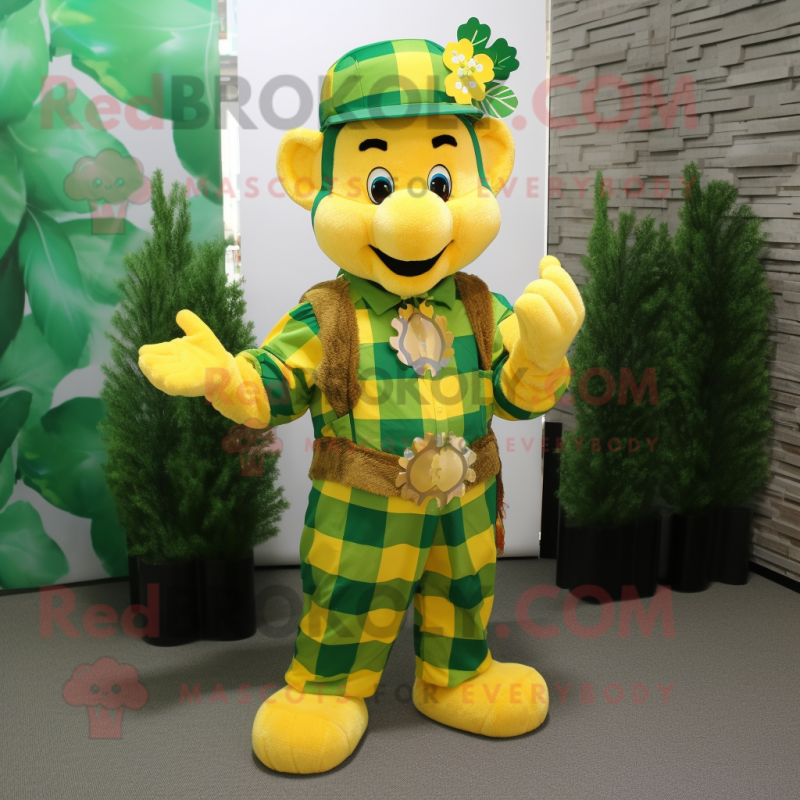 Yellow Bunch Of Shamrocks mascot costume character dressed with a Flannel Shirt and Bracelets