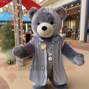 Gray Teddy Bear mascot costume character dressed with a Henley Tee and Shawl pins