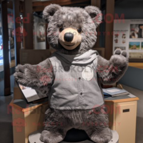 Gray Teddy Bear mascot costume character dressed with a Henley Tee and Shawl pins