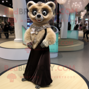 Tan Lemur mascot costume character dressed with a Evening Gown and Brooches