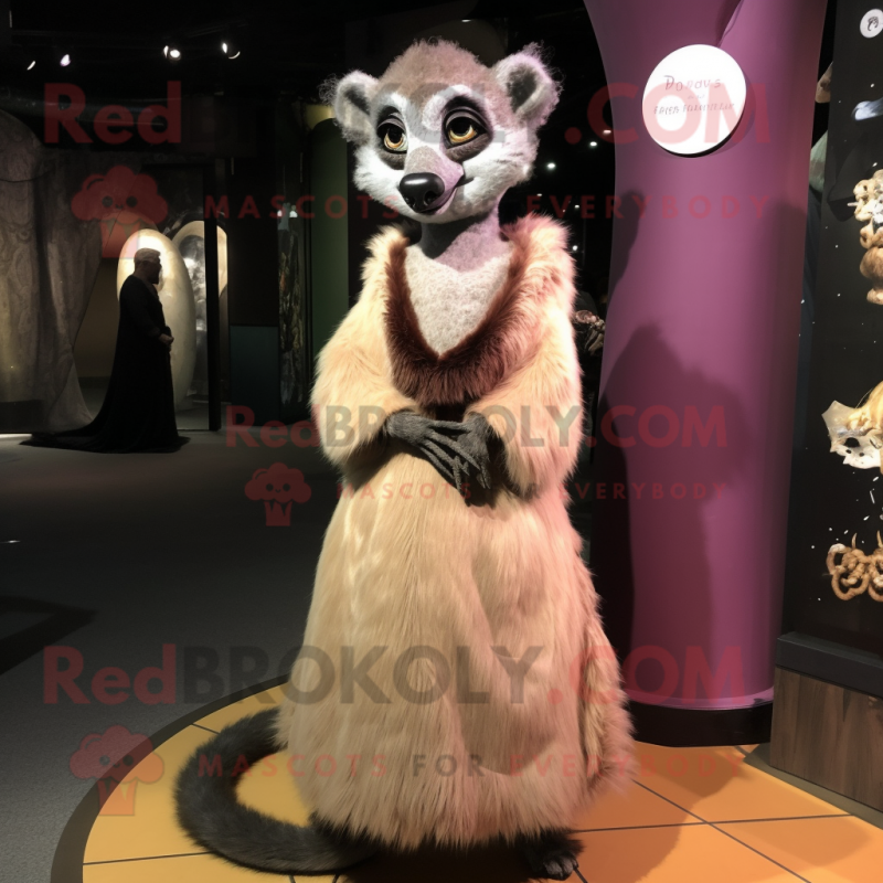 Tan Lemur mascot costume character dressed with a Evening Gown and Brooches