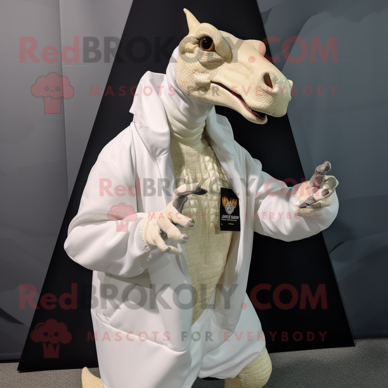 White Parasaurolophus mascot costume character dressed with a Bomber Jacket and Shawl pins