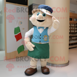 Cream Irish Flag mascot costume character dressed with a Chambray Shirt and Foot pads