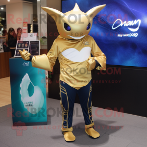 Gold Manta Ray mascot costume character dressed with a Rugby Shirt and Bracelet watches