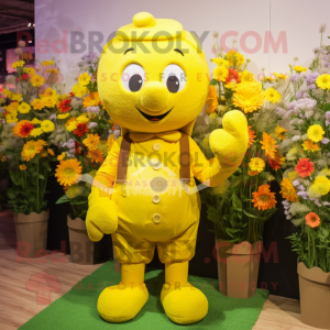 Yellow Bouquet Of Flowers mascot costume character dressed with a Parka and Suspenders