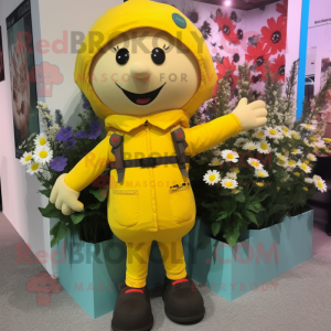 Yellow Bouquet Of Flowers mascot costume character dressed with a Parka and Suspenders