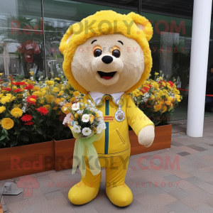 Yellow Bouquet Of Flowers mascot costume character dressed with a Parka and Suspenders
