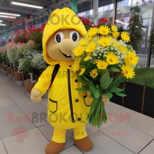 Yellow Bouquet Of Flowers mascot costume character dressed with a Parka and Suspenders