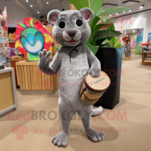 Gray Jaguarundi mascot costume character dressed with a Board Shorts and Clutch bags