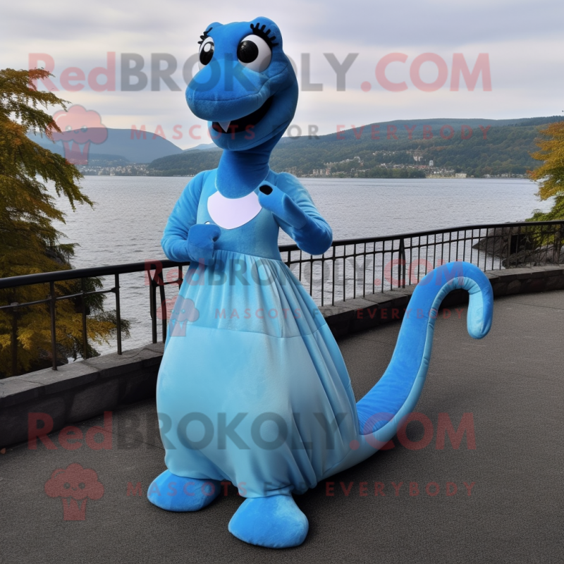 Sky Blue Loch Ness Monster mascot costume character dressed with a ...